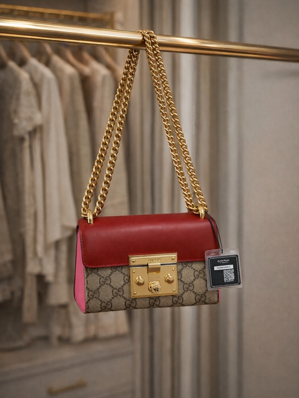 Authentic Gucci Padlock Monogram canvas with Red & Pink accents and COA